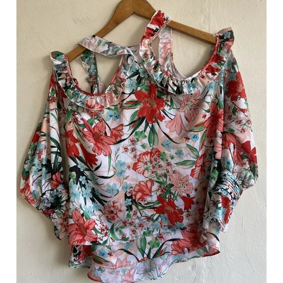 COPY - XOXO Womens Blouse Top Cold Shoulder Large Floral Layered Ruffles Long S… - Picture 8 of 11